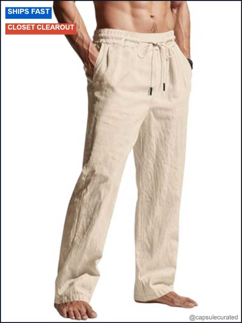 Men's Casual Linen Pants Elastic Waist Drawstring Summer Beach Lightweight